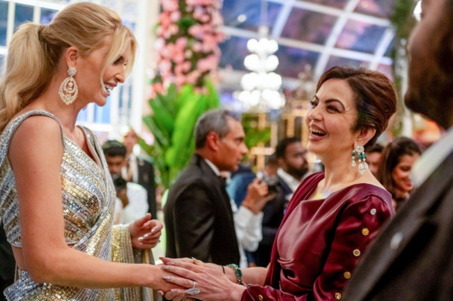 jamnagar-india-02nd-mar-2024-jam-mar-02-ani-reliance-foundation-chairperson-and-founder-nita-ambani-shares-a-light-moment-with-ivanka-trump-during-the-pre-wedding-bash-of-her-son-anant-ambani