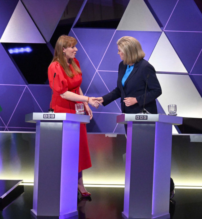 for-use-in-uk-ireland-or-benelux-countries-only-bbc-handout-photo-of-deputy-labour-leader-angela-rayner-left-and-commons-leader-penny-mordaunt-shake-hands-after-taking-part-in-the-bbc-election-deb