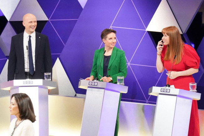 left-right-back-stephen-flynn-of-the-snp-co-leader-of-the-green-party-carla-denyer-and-deputy-labour-leader-angela-rayner-take-part-in-the-bbc-election-debate-hosted-by-bbc-news-presenter-mishal-hu