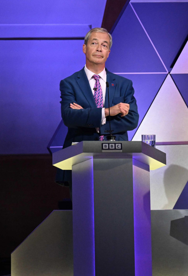 for-use-in-uk-ireland-or-benelux-countries-only-bbc-handout-photo-of-reform-uk-leader-nigel-farage-taking-part-in-the-bbc-election-debate-hosted-by-bbc-news-presenter-mishal-husain-at-bbc-broadcasti