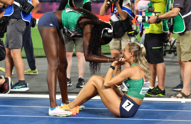 rhasidat-adeleke-and-sharlene-mawdsley-celebrate-winning-a-gold-medal