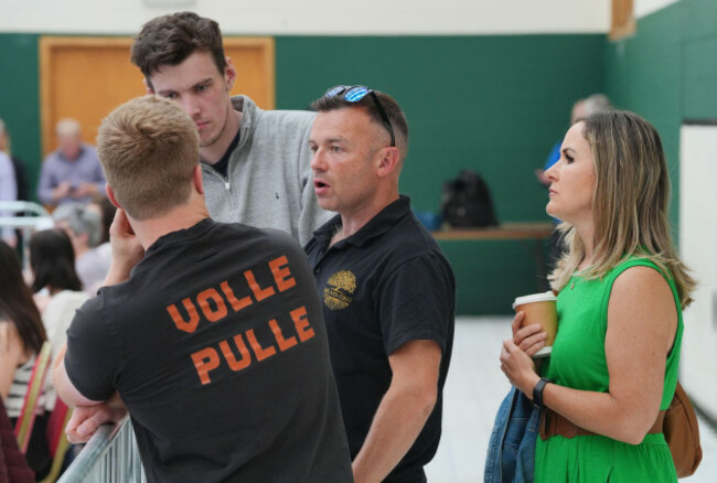 ireland-first-party-president-and-candidate-derek-blighe-centre-alongside-his-wife-hannah-right-visits-nemo-rangers-gaa-club-in-cork-ireland-during-the-count-for-the-european-elections-picture