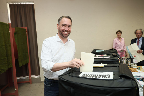 namur-belgium-09th-june-2024-les-engages-chairman-maxime-prevot-casts-his-vote-at-a-polling-station-in-namur-sunday-09-june-2024-belgium-holds-coinciding-elections-for-the-regional-federal-and