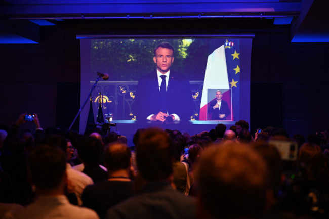 paris-france-09th-june-2024-french-president-emmanuel-macron-delivers-a-speech-on-tv-after-the-results-of-the-european-elections-screen-picture-taked-at-the-headquarters-of-besoin-deurope-in-p