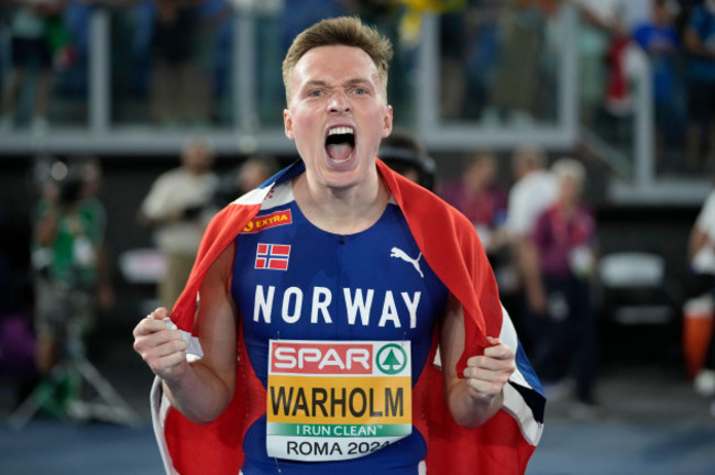 karsten-warholm-of-norway-celebrates-after-winning-the-gold-medal-in-the-mens-400-meters-hurdles-final-at-the-european-athletics-championships-in-rome-tuesday-june-11-2024-ap-photoandrew-medi