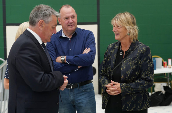 green-party-candidate-grace-osullivan-right-in-conversation-with-fianna-fail-candidate-billy-kelleher-left-at-the-count-centre-as-counting-continues-at-nemo-rangers-gaa-club-in-cork-ireland-in