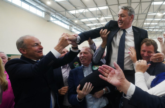 fianna-fails-billy-kelleher-right-celebrates-as-hes-congratulated-by-tanaiste-and-party-leader-micheal-martin-left-at-the-count-centre-as-counting-continues-at-nemo-rangers-gaa-club-in-cork-ire