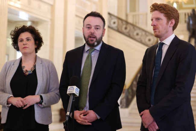 left-to-right-claire-hanna-and-leader-of-the-sdlp-colum-eastwood-and-matthew-otoole-speaking-to-members-of-the-media-following-a-meeting-with-taoiseach-simon-harris-in-the-parliament-buildings-at