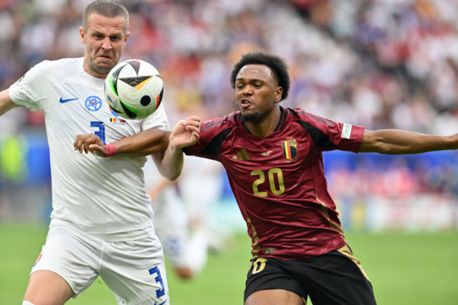frankfurt-germany-17th-june-2024-denis-vavro-3-of-slovakia-defending-on-lois-openda-20-of-belgium-during-a-soccer-game-between-the-national-teams-of-belgium-called-the-red-devils-and-slovakia
