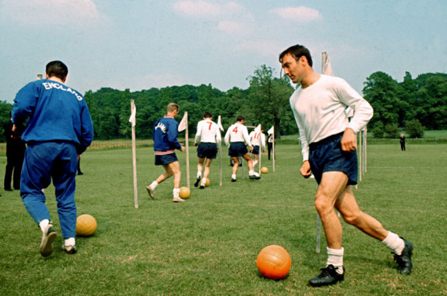 file-photo-dated-15-06-1966-of-englands-jimmy-greaves-dribbles-through-a-set-of-poles-along-with-several-other-possibles-for-englands-world-cup-squad-issue-date-sunday-september-19-2021
