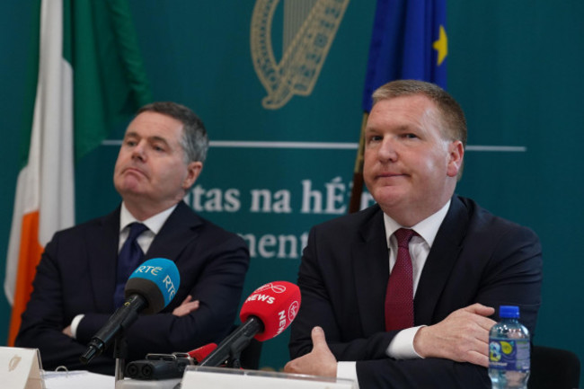 the-minister-for-finance-michael-mcgrath-td-right-and-the-minister-for-public-expenditure-national-development-plan-delivery-and-reform-paschal-donohoe-td-speaking-during-a-press-conference-at