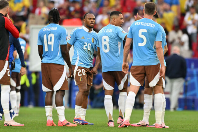 stuttgart-germany-26th-june-2024-players-of-belgium-with-johan-bakayoko-19-of-belgium-lois-openda-20-of-belgium-youri-tielemans-8-of-belgium-and-jan-vertonghen-5-of-belgium-pictured-afte