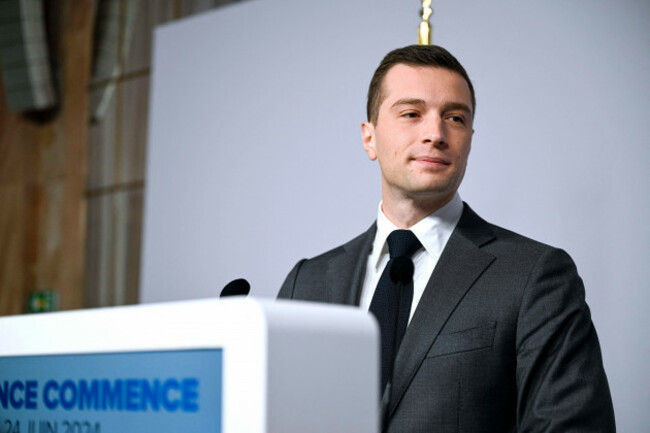 paris-france-24th-june-2024-french-far-right-rassemblement-national-rn-party-president-and-lead-mep-jordan-bardella-delivers-a-speech-to-present-the-priorities-of-the-national-unity-government