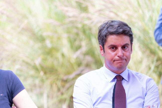 azay-le-rideau-france-26th-june-2024-prime-minister-gabriel-attal-gives-his-support-to-mrs-fabienne-colboc-candidate-for-the-legislative-elections-on-the-ensemble-pour-la-republique-list-in-azay