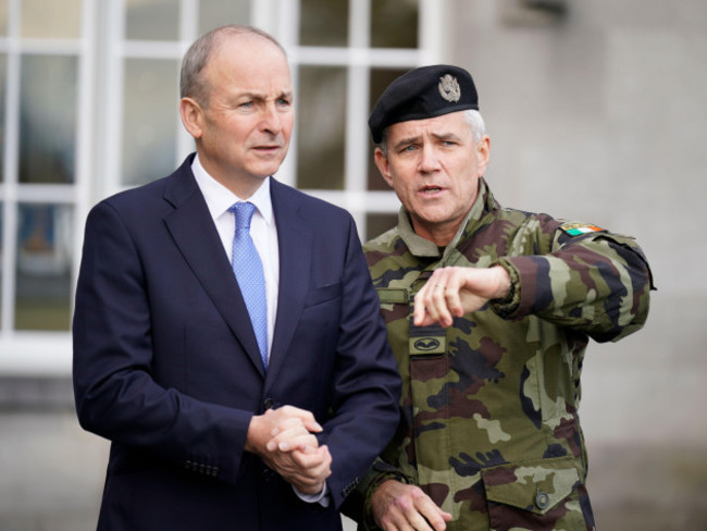 minister-for-defence-micheal-martin-and-chief-of-staff-of-the-irish-defence-forces-lieutenant-general-sean-clancy-review-the-men-and-women-of-the-123rd-infantry-battalion-at-kilkenny-castle-prior-t