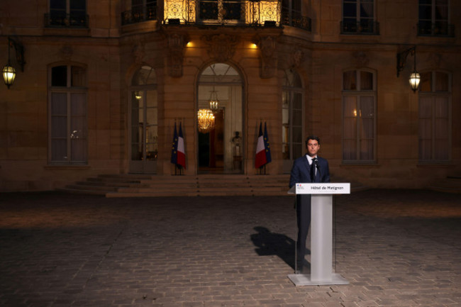 french-prime-minister-gabriel-attal-delivers-a-speech-in-the-courtyard-of-the-prime-ministers-residence-sunday-june-30-2024-in-paris-frances-high-stakes-legislative-elections-propelled-the-far-r