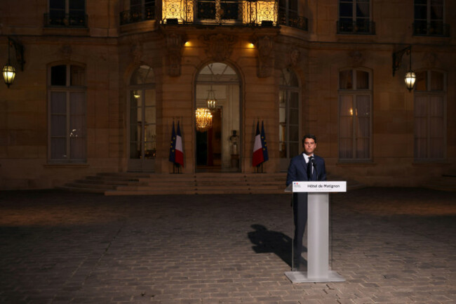french-prime-minister-gabriel-attal-delivers-a-speech-in-the-courtyard-of-the-prime-ministers-residence-sunday-june-30-2024-in-paris-frances-high-stakes-legislative-elections-propelled-the-far-r