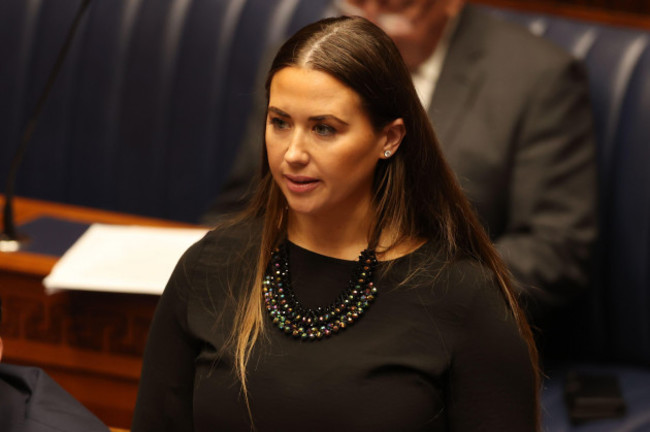 sorcha-eastwood-giving-a-tribute-in-the-northern-ireland-assembly-chamber-at-parliament-buildings-at-stormont-belfast-following-the-death-of-queen-elizabeth-ii-picture-date-monday-september-12-202