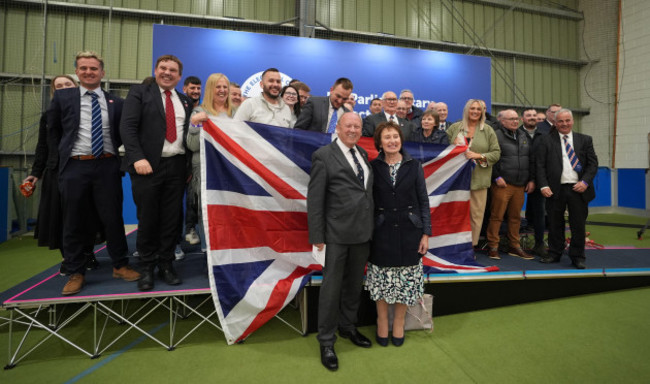 jim-allister-of-the-tuv-celebrates-his-election-in-north-antrim-at-meadowbank-sports-arena-magherafelt-during-the-count-for-the-2024-general-election-picture-date-friday-july-5-2024