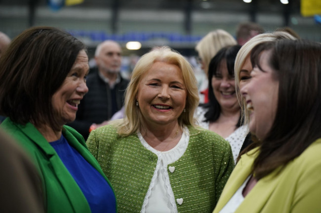 sinn-feins-pat-cullen-celebrates-with-mary-lou-mcdonald-and-michelle-gildernew-after-her-election-in-fermanagh-south-tyrone-at-meadowbank-sports-arena-magherafelt-during-the-count-for-the-2024-gene