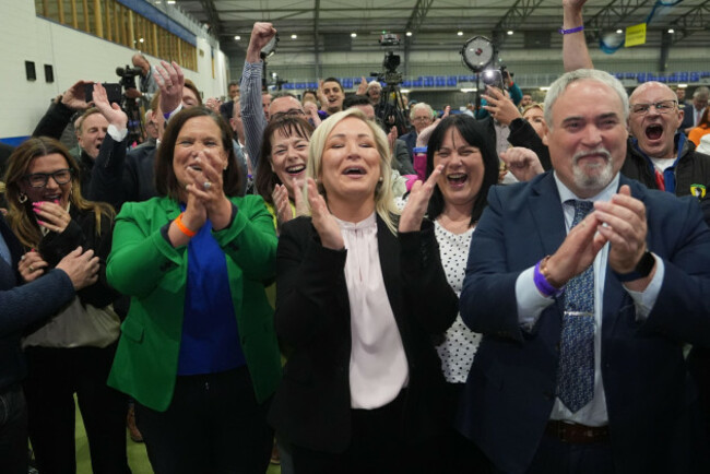 sinn-feins-mary-lou-mcdonald-and-michelle-oneill-celebrate-the-election-of-pat-cullen-in-fermanagh-south-tyrone-at-meadowbank-sports-arena-magherafelt-during-the-count-for-the-2024-general-electio