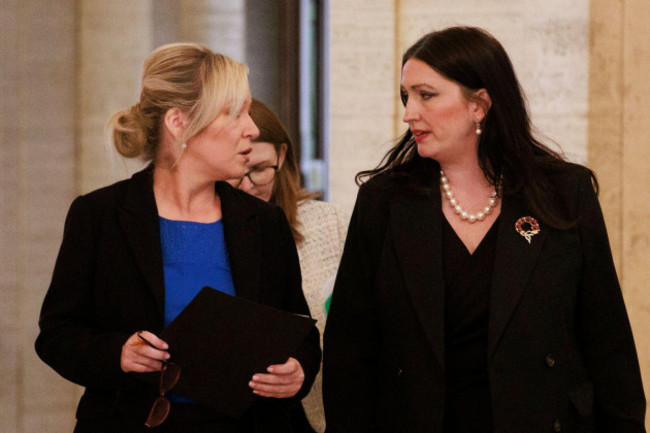 left-to-right-first-minister-michelle-oneill-finance-minister-dr-caoimhe-archibald-and-deputy-first-minister-emma-little-pengelly-arrive-for-a-press-conference-in-the-great-hall-of-parliament-bui