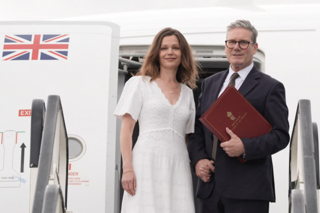 prime-minister-sir-keir-starmer-and-his-wife-victoria-board-a-plane-at-stansted-airport-in-essex-as-they-head-to-washington-dc-to-attend-a-nato-summit-picture-date-tuesday-july-9-2024