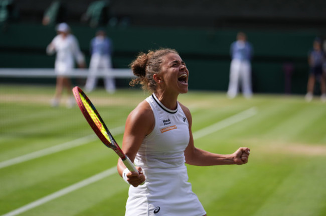 jasmine-paolini-celebrates-winning-her-match-against-donna-vekic-on-day-eleven-of-the-2024-wimbledon-championships-at-the-all-england-lawn-tennis-and-croquet-club-london-picture-date-thursday-july