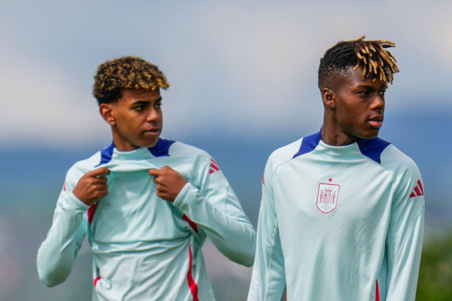 spains-lamine-yamal-left-and-his-teammate-spains-nico-williams-take-part-in-a-training-session-ahead-of-sundays-euro-2024-final-soccer-match-against-england-in-donaueschingen-germany-saturday