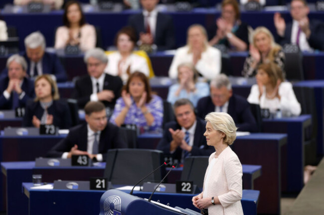 european-commission-president-ursula-von-der-leyen-addresses-the-plenary-at-the-european-parliament-in-strasbourg-eastern-france-thursday-july-18-2024-ursula-von-der-leyen-was-making-her-final-pi