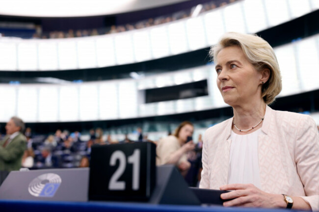 european-commission-president-ursula-von-der-leyen-takes-her-seat-in-the-plenary-at-the-european-parliament-in-strasbourg-eastern-france-thursday-july-18-2024-ursula-von-der-leyen-was-making-her