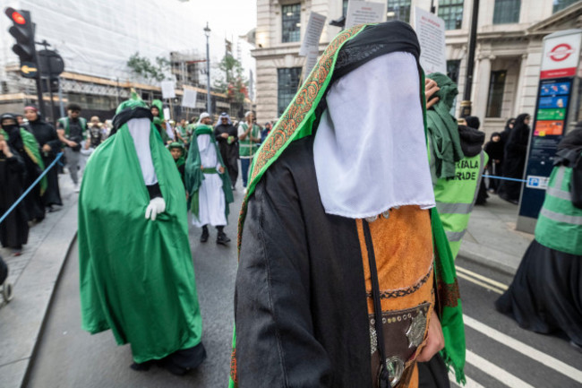 london-uk-17-july-2024-people-dressed-in-costumes-in-the-battle-of-karbala-parade-in-trafalgar-square-as-tens-of-thousands-of-british-muslims-commemorate-the-martyrdom-of-hussain-grandson-of-the