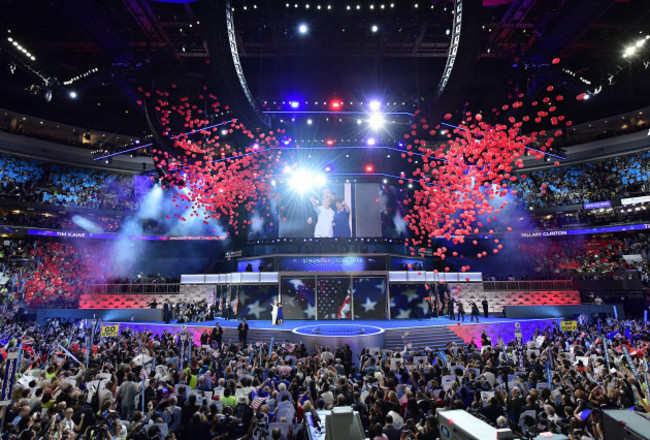 democratic-nominee-for-president-hillary-clinton-her-running-mate-sen-tim-kaine-and-their-families-enjoy-the-balloon-drop-at-the-conclusion-of-the-democratic-national-convention-at-wells-fargo-cente