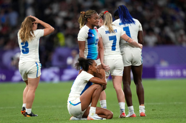 ian-jason-of-france-reacts-with-teammates-after-loosing-the-womens-quarterfinal-rugby-sevens-match-between-france-and-canada-at-the-2024-summer-olympics-in-the-stade-de-france-in-saint-denis-franc