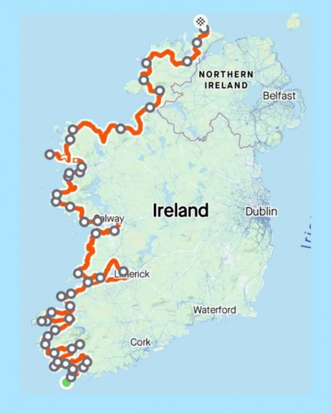 The route Pat Murphy will take in 2,800km trek in a tractor that can only reach 24kph to raise funds for Concern and Gaza.