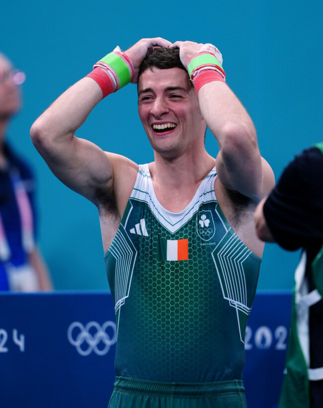 irelands-rhys-mcclenaghan-reacts-after-competing-in-the-mens-pommel-horse-final-during-the-artistic-gymnastics-at-the-bercy-arena-on-the-eighth-day-of-the-2024-paris-olympic-games-in-france-picture