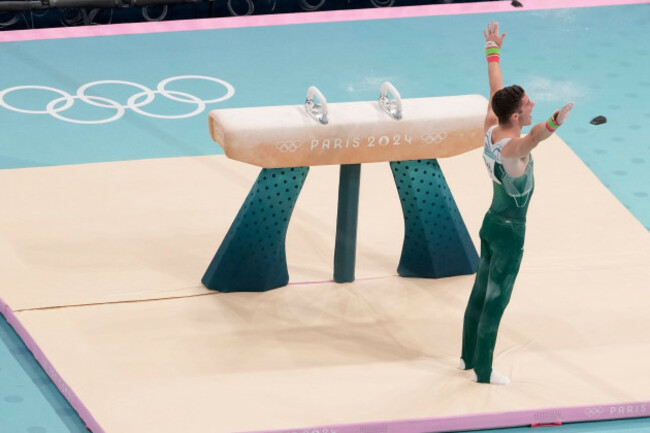 rhys-mcclenaghan-of-ireland-performs-on-the-pommel-horse-during-the-mens-artistic-gymnastics-individual-pommel-horse-finals-in-bercy-arena-at-the-2024-summer-olympics-saturday-aug-3-2024-in-pa