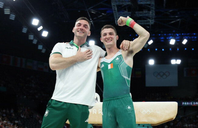 paris-france-3rd-aug-2024-rhys-mc-clenaghan-r-of-ireland-celebrates-with-coach-luke-carson-after-the-mens-pommel-horse-final-of-artistic-gymnastics-at-the-paris-2024-olympic-games-in-paris-fra