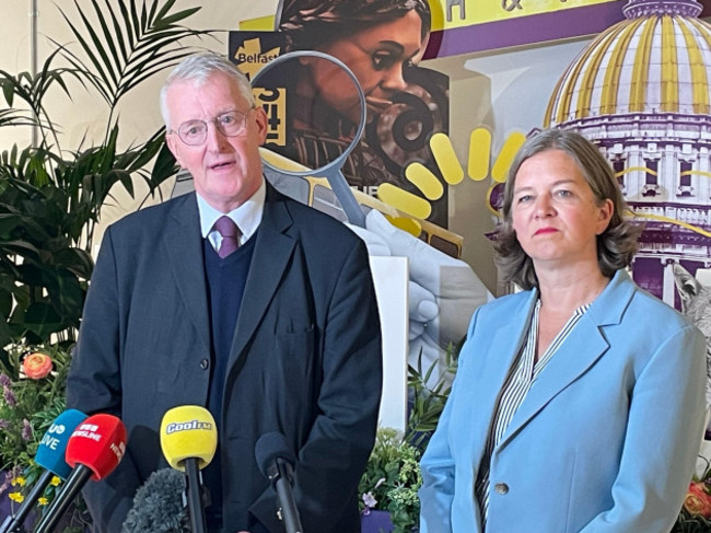 secretary-of-state-for-northern-ireland-hilary-benn-and-parliamentary-under-secretary-of-state-fleur-anderson-speak-to-media-at-a-community-centre-in-belfast-following-several-nights-of-violent-disor