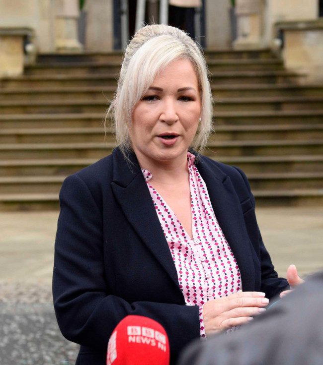 first-minister-of-northern-ireland-michelle-oneill-speaking-to-the-media-as-she-arrives-at-stormont-castle-belfast-as-stormont-mlas-are-returning-from-summer-recess-for-an-assembly-sitting-to-discu