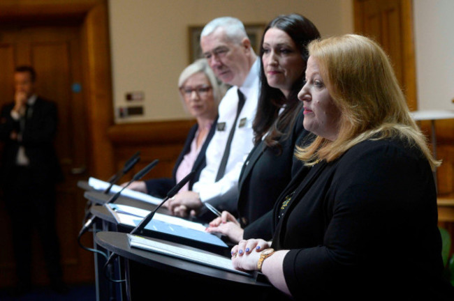 left-to-right-first-minister-of-northern-ireland-michelle-oneill-psni-chief-constable-jon-boucher-deputy-first-minister-emma-little-pengelly-and-alliance-party-leader-naomi-long-speaking-to-the-m