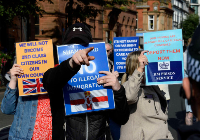 a-far-right-protest-in-belfast-city-centre-one-of-two-protests-in-the-area-on-friday-as-an-anti-racism-unity-over-division-counter-protest-is-also-taking-place-picture-date-friday-august-9-2024