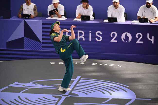 paris-france-09th-aug-2024-australian-breaker-rachael-gunn-also-known-as-raygun-during-the-b-girls-round-robin-breaking-competition-at-la-concorde-urban-park-in-paris-as-part-of-the-2024-paris