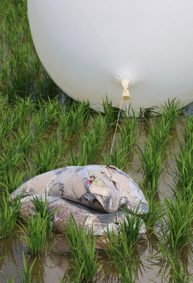 10th-june-2024-n-koreas-balloon-provocation-one-of-the-hundreds-of-trash-filled-balloons-flown-by-north-korea-overnight-is-found-in-a-rice-paddy-in-the-northwestern-border-county-of-ganghwa-on-jun