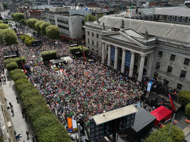 a-general-view-of-thousands-of-people-gathered-along-dublins-main-thoroughfare-to-celebrate-the-homecoming-by-irish-olympians-after-the-most-successful-medal-haul-ever-at-the-paris-2024-olympic-game