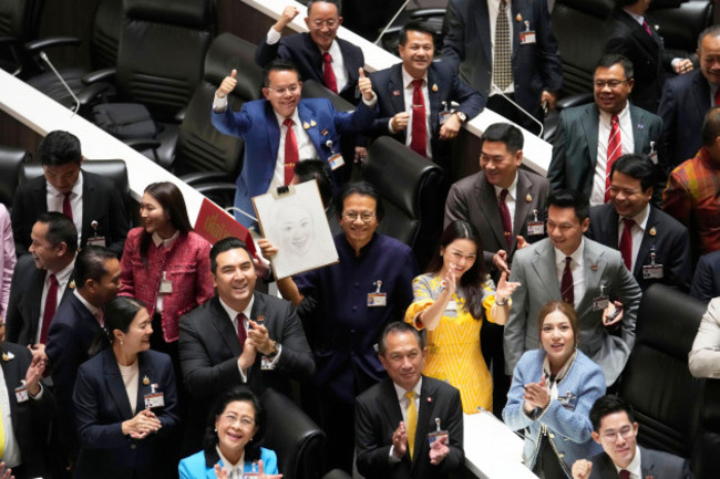 pheu-thai-party-lawmakers-celebrate-after-thailands-parliament-elected-the-partys-leader-paetongtarn-shinawatra-as-the-countrys-new-prime-minister-at-parliament-in-bangkok-thailand-friday-aug-1