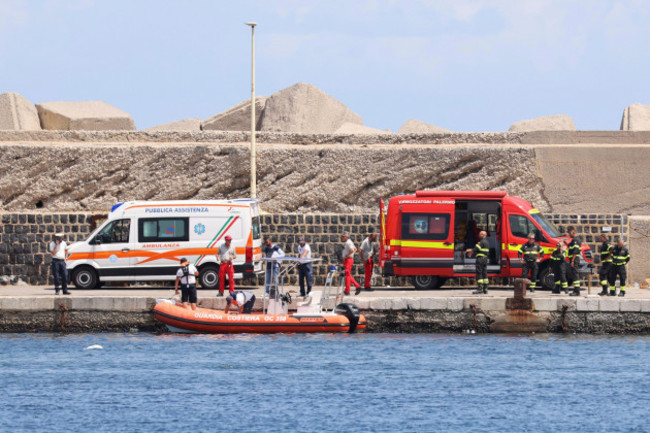 emergency-services-at-the-scene-of-the-search-for-a-missing-boat-in-porticello-santa-flavia-italy-monday-aug-19-2024-british-tech-giant-mike-lynch-his-lawyer-and-four-other-people-are-among-th