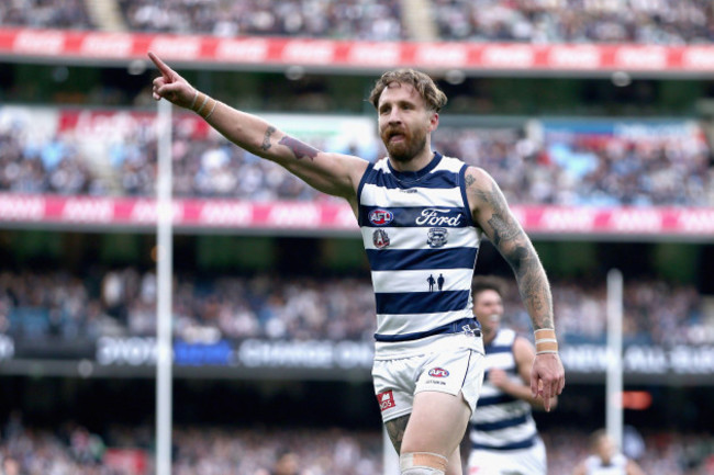 melbourne-australia-27th-apr-2024-zach-tuohy-of-the-cats-celebrates-a-goal-during-the-afl-round-7-match-between-the-geelong-cats-and-the-carlton-blues-at-the-melbourne-cricket-ground-in-melbourne