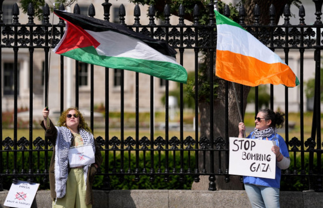 protesters-take-part-in-a-pro-palestine-protest-outside-the-merrion-square-entrance-to-leinster-house-dublin-picture-date-friday-august-23-2024