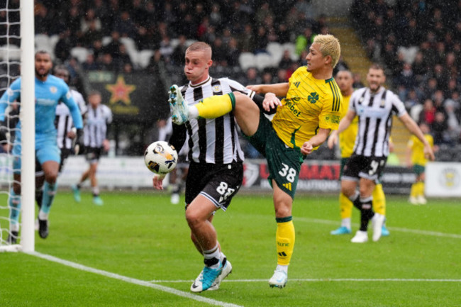 st-mirrens-killian-phillips-left-and-celtics-daizen-maeda-battle-for-the-ball-during-the-william-hill-premiership-match-at-the-smisa-stadium-paisley-picture-date-sunday-august-25-2024